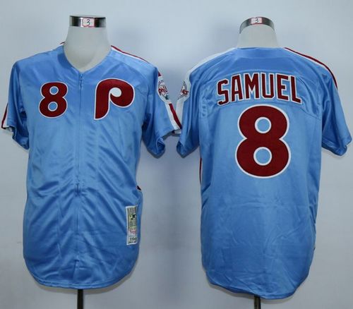 Mitchell And Ness 1984 Phillies #8 Juan Samuel Blue Throwback Stitched MLB Jersey - Click Image to Close